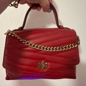 Tory Burch Red Quilted Leather Handbag with Gold Chain